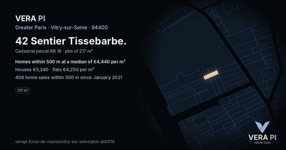 42 Sentier Tissebarbe, Vitry-sur-Seine at night – the plot lit, the parcels around coloured by the prices near them