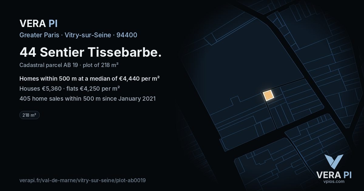 44 Sentier Tissebarbe, Vitry-sur-Seine at night – the plot lit, the parcels around coloured by the prices near them