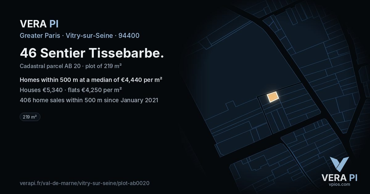 46 Sentier Tissebarbe, Vitry-sur-Seine at night – the plot lit, the parcels around coloured by the prices near them