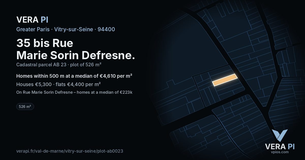 35 bis Rue Marie Sorin Defresne, Vitry-sur-Seine at night – the plot lit, the parcels around coloured by the prices near them