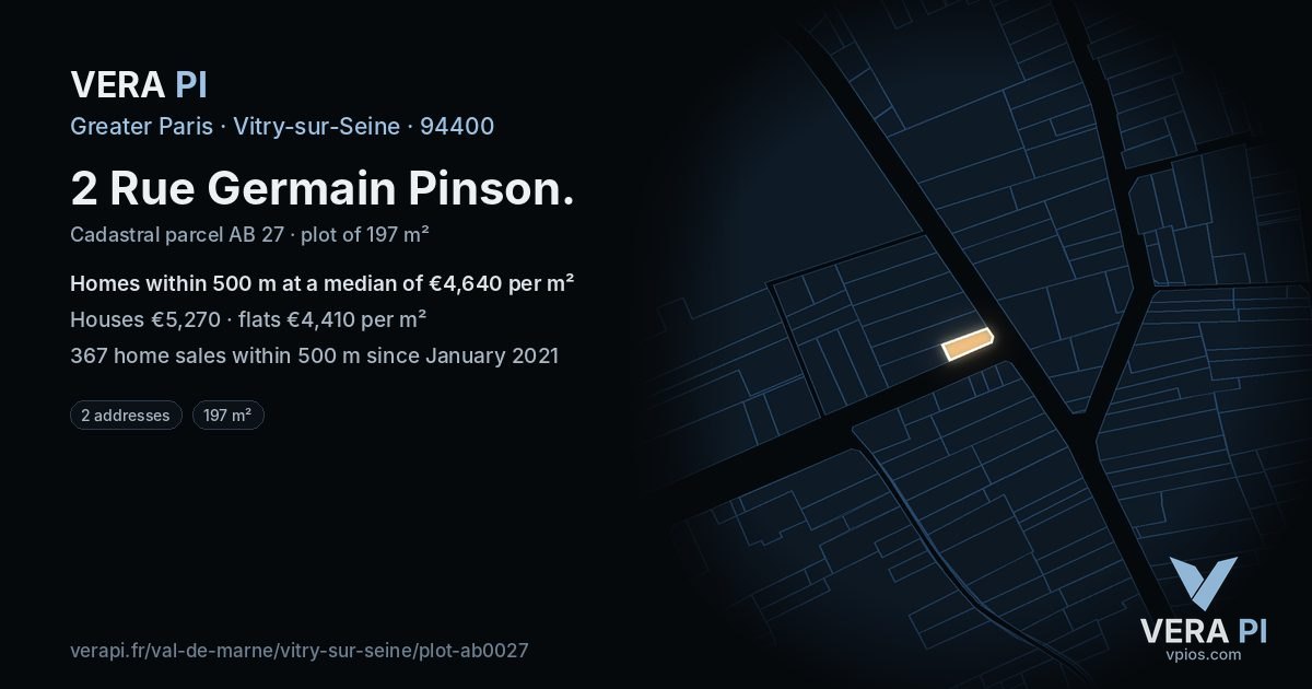 2 Rue Germain Pinson, Vitry-sur-Seine at night – the plot lit, the parcels around coloured by the prices near them