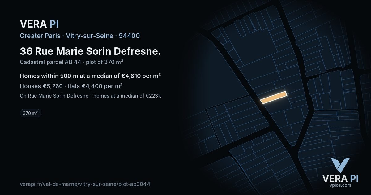 36 Rue Marie Sorin Defresne, Vitry-sur-Seine at night – the plot lit, the parcels around coloured by the prices near them