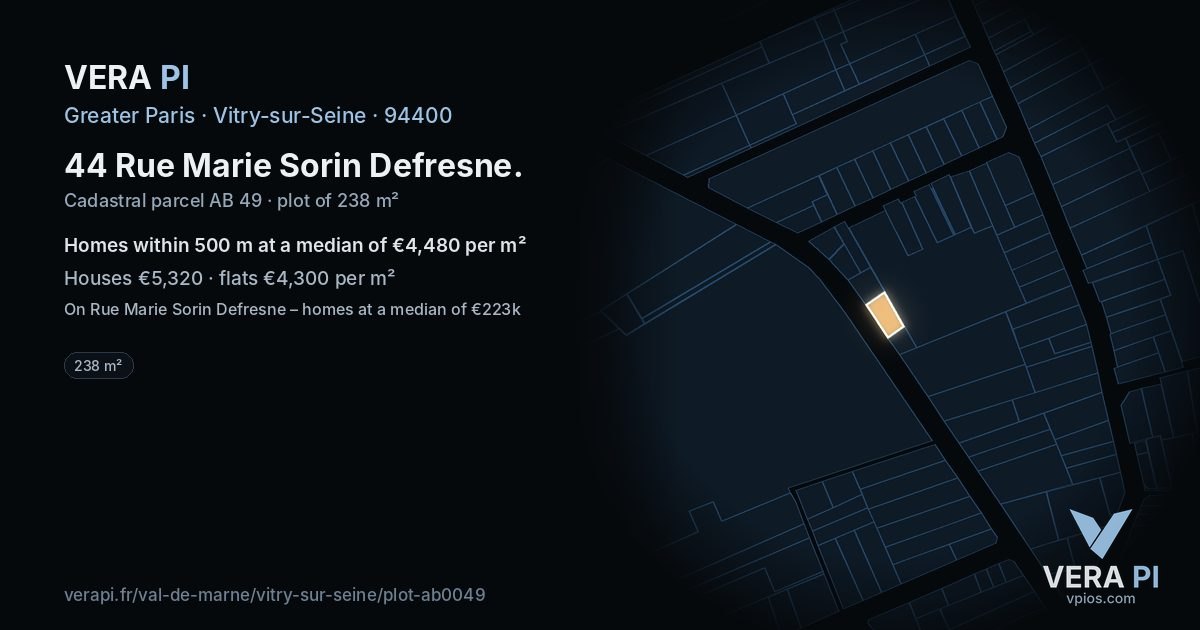 44 Rue Marie Sorin Defresne, Vitry-sur-Seine at night – the plot lit, the parcels around coloured by the prices near them