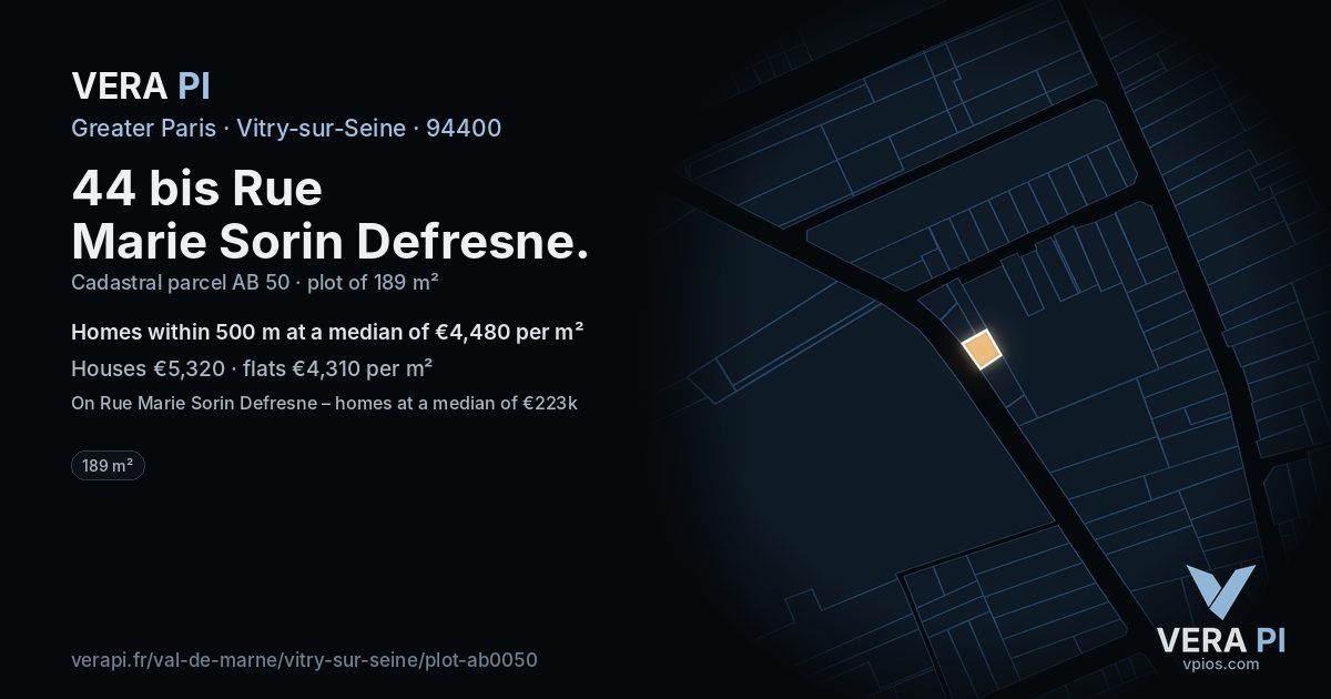 44 bis Rue Marie Sorin Defresne, Vitry-sur-Seine at night – the plot lit, the parcels around coloured by the prices near them