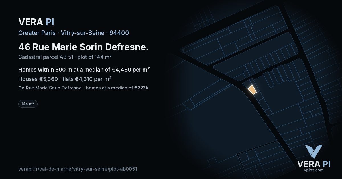 46 Rue Marie Sorin Defresne, Vitry-sur-Seine at night – the plot lit, the parcels around coloured by the prices near them