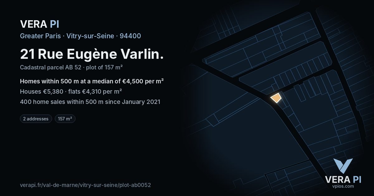 21 Rue Eugène Varlin, Vitry-sur-Seine at night – the plot lit, the parcels around coloured by the prices near them