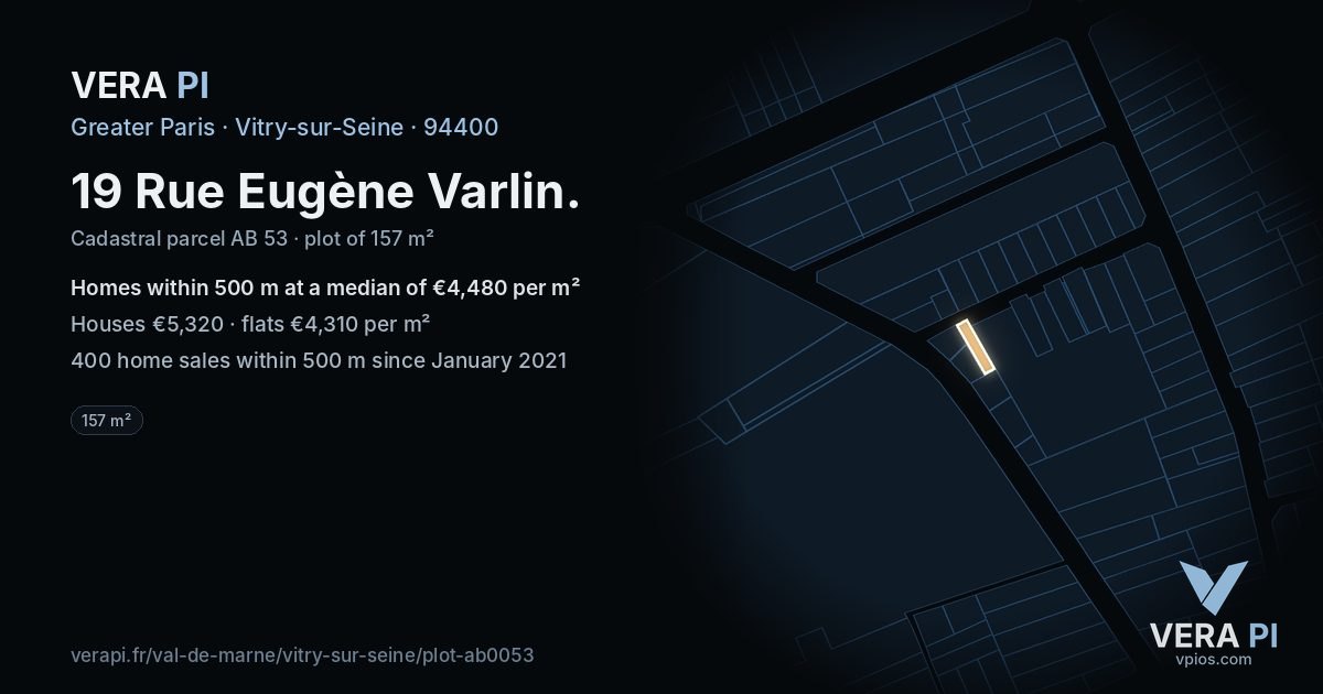 19 Rue Eugène Varlin, Vitry-sur-Seine at night – the plot lit, the parcels around coloured by the prices near them