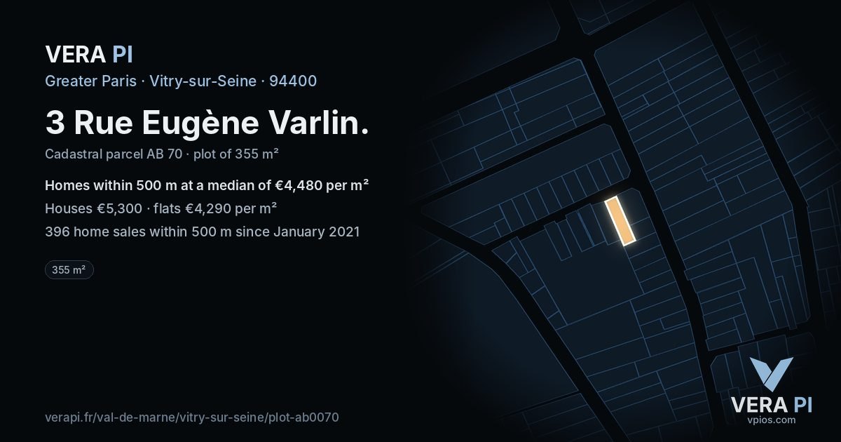 3 Rue Eugène Varlin, Vitry-sur-Seine at night – the plot lit, the parcels around coloured by the prices near them