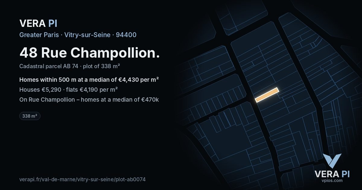 48 Rue Champollion, Vitry-sur-Seine at night – the plot lit, the parcels around coloured by the prices near them