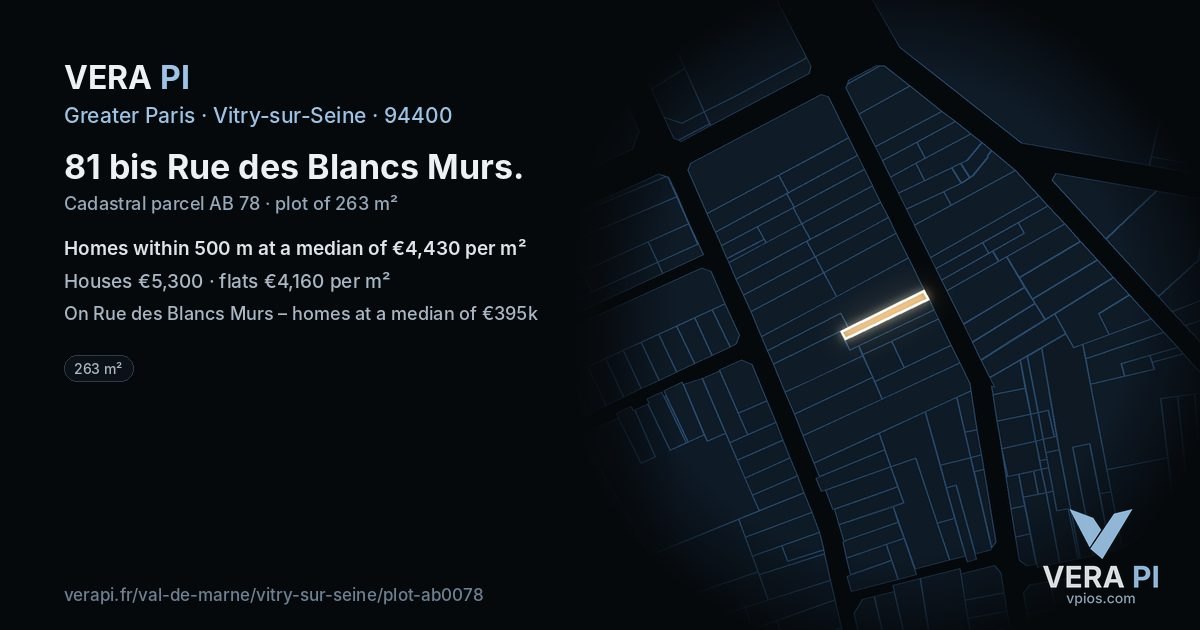 81 bis Rue des Blancs Murs, Vitry-sur-Seine at night – the plot lit, the parcels around coloured by the prices near them