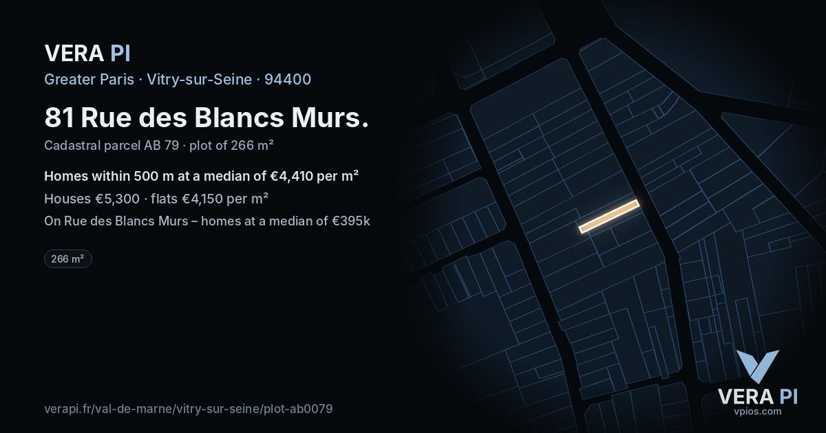 81 Rue des Blancs Murs, Vitry-sur-Seine at night – the plot lit, the parcels around coloured by the prices near them