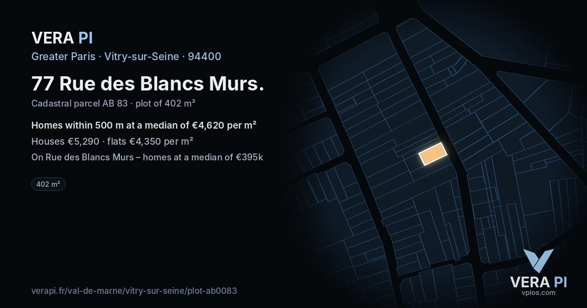 77 Rue des Blancs Murs, Vitry-sur-Seine at night – the plot lit, the parcels around coloured by the prices near them
