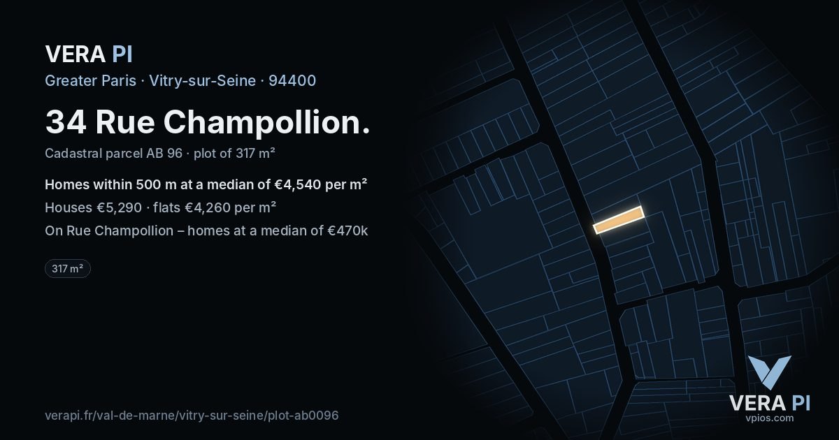 34 Rue Champollion, Vitry-sur-Seine at night – the plot lit, the parcels around coloured by the prices near them