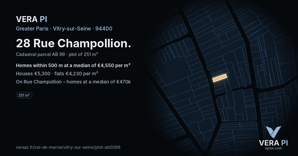 28 Rue Champollion, Vitry-sur-Seine at night – the plot lit, the parcels around coloured by the prices near them