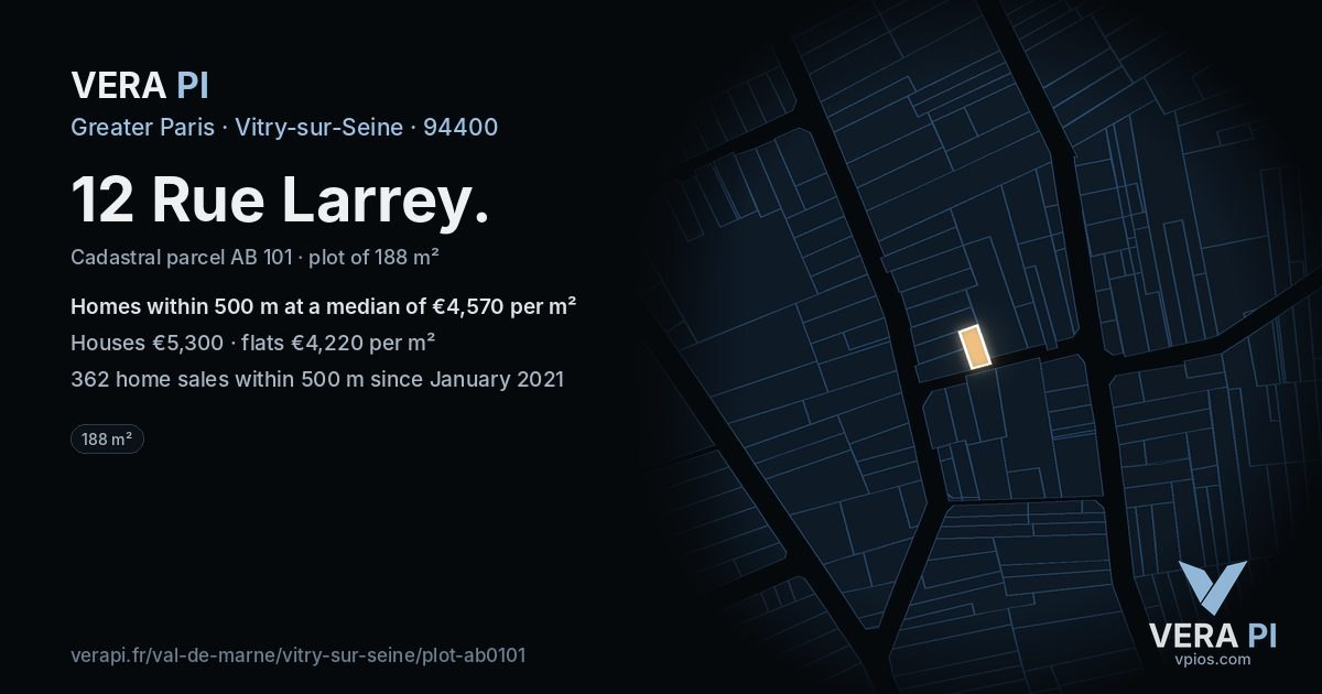 12 Rue Larrey, Vitry-sur-Seine at night – the plot lit, the parcels around coloured by the prices near them