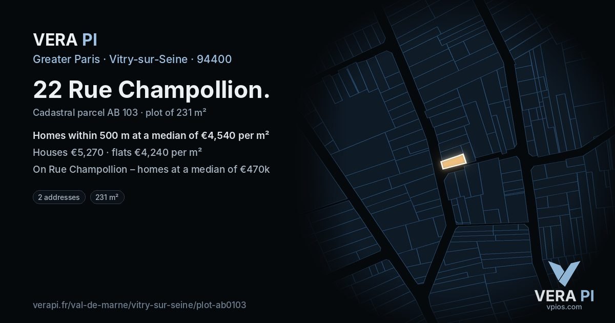 22 Rue Champollion, Vitry-sur-Seine at night – the plot lit, the parcels around coloured by the prices near them