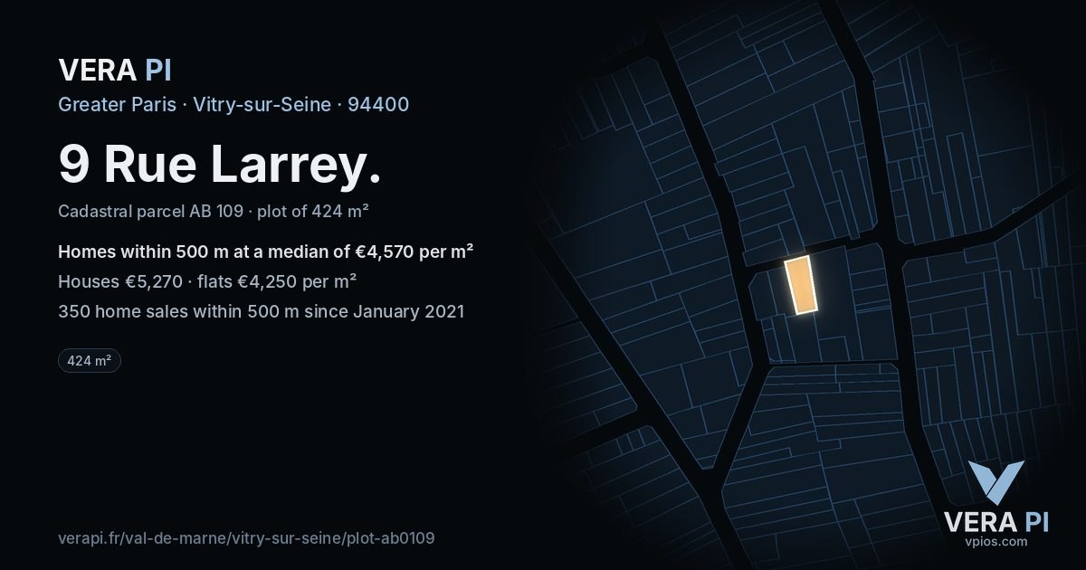 9 Rue Larrey, Vitry-sur-Seine at night – the plot lit, the parcels around coloured by the prices near them