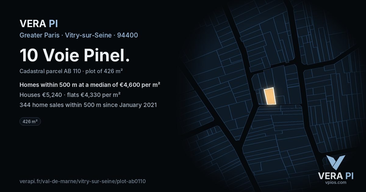 10 Voie Pinel, Vitry-sur-Seine at night – the plot lit, the parcels around coloured by the prices near them