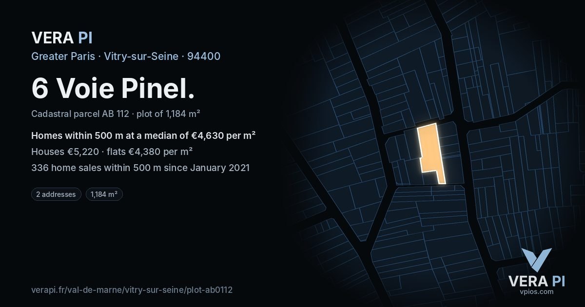 6 Voie Pinel, Vitry-sur-Seine at night – the plot lit, the parcels around coloured by the prices near them