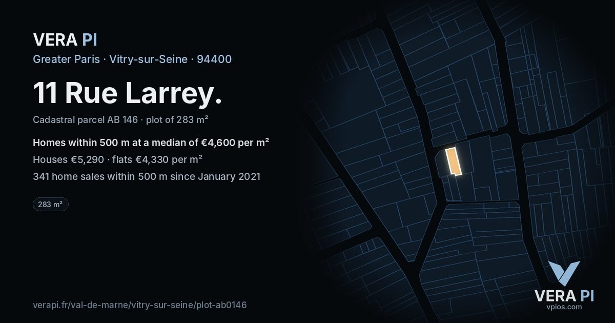 11 Rue Larrey, Vitry-sur-Seine at night – the plot lit, the parcels around coloured by the prices near them