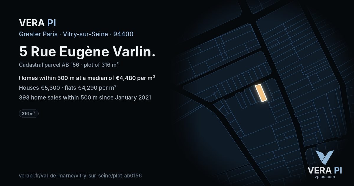 5 Rue Eugène Varlin, Vitry-sur-Seine at night – the plot lit, the parcels around coloured by the prices near them
