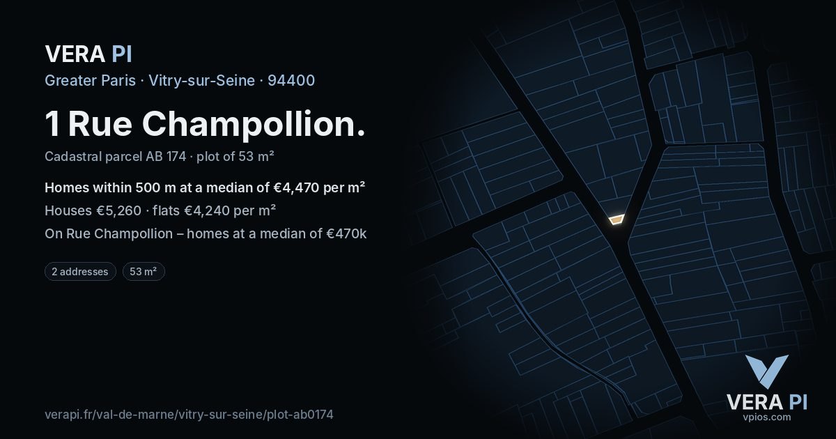 1 Rue Champollion, Vitry-sur-Seine at night – the plot lit, the parcels around coloured by the prices near them