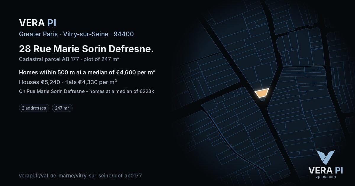 28 Rue Marie Sorin Defresne, Vitry-sur-Seine at night – the plot lit, the parcels around coloured by the prices near them
