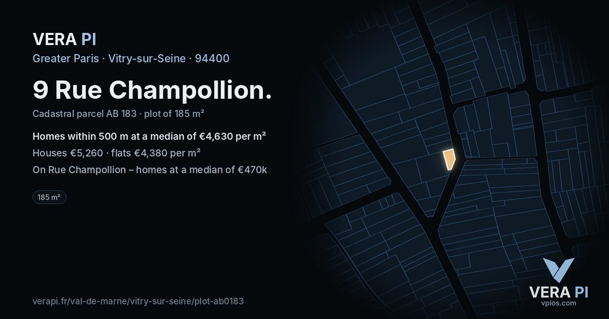 9 Rue Champollion, Vitry-sur-Seine at night – the plot lit, the parcels around coloured by the prices near them