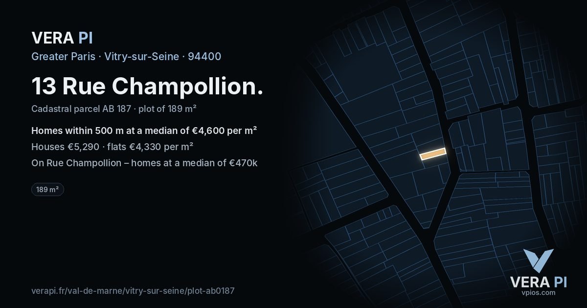 13 Rue Champollion, Vitry-sur-Seine at night – the plot lit, the parcels around coloured by the prices near them