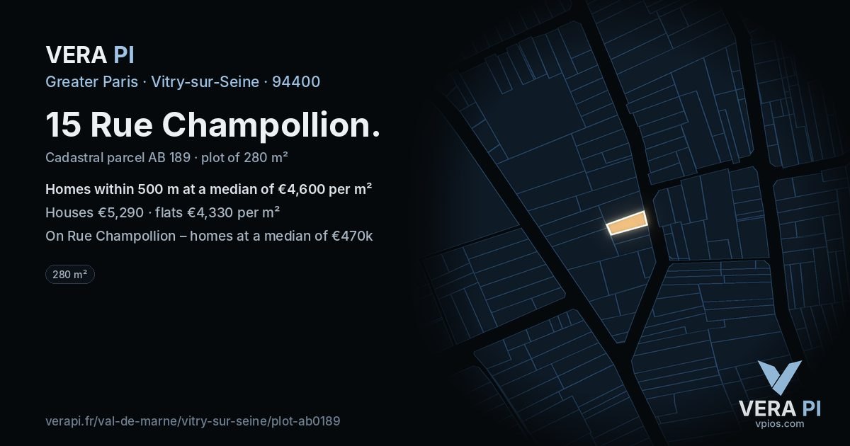 15 Rue Champollion, Vitry-sur-Seine at night – the plot lit, the parcels around coloured by the prices near them