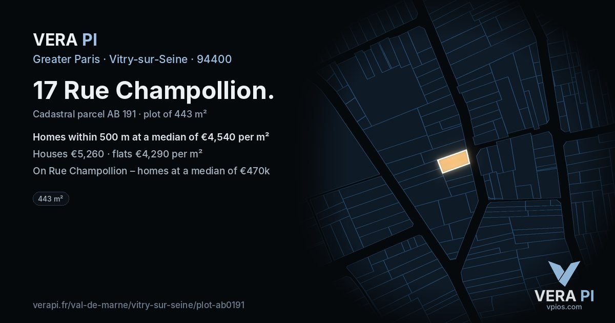 17 Rue Champollion, Vitry-sur-Seine at night – the plot lit, the parcels around coloured by the prices near them