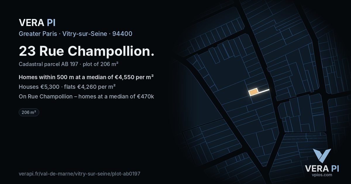 23 Rue Champollion, Vitry-sur-Seine at night – the plot lit, the parcels around coloured by the prices near them