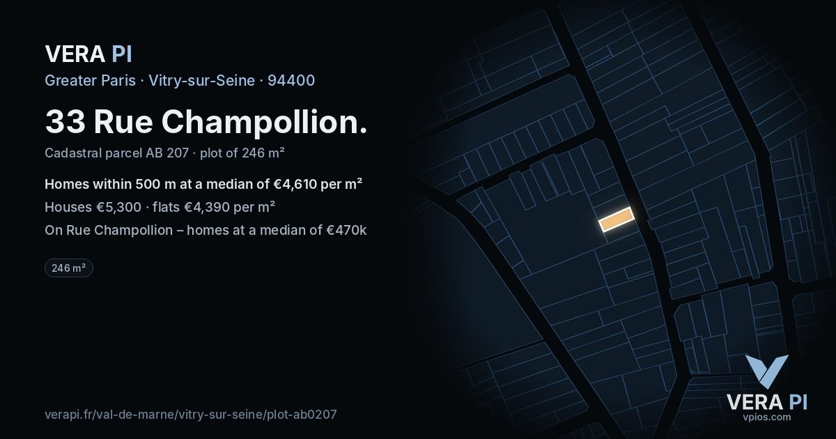 33 Rue Champollion, Vitry-sur-Seine at night – the plot lit, the parcels around coloured by the prices near them