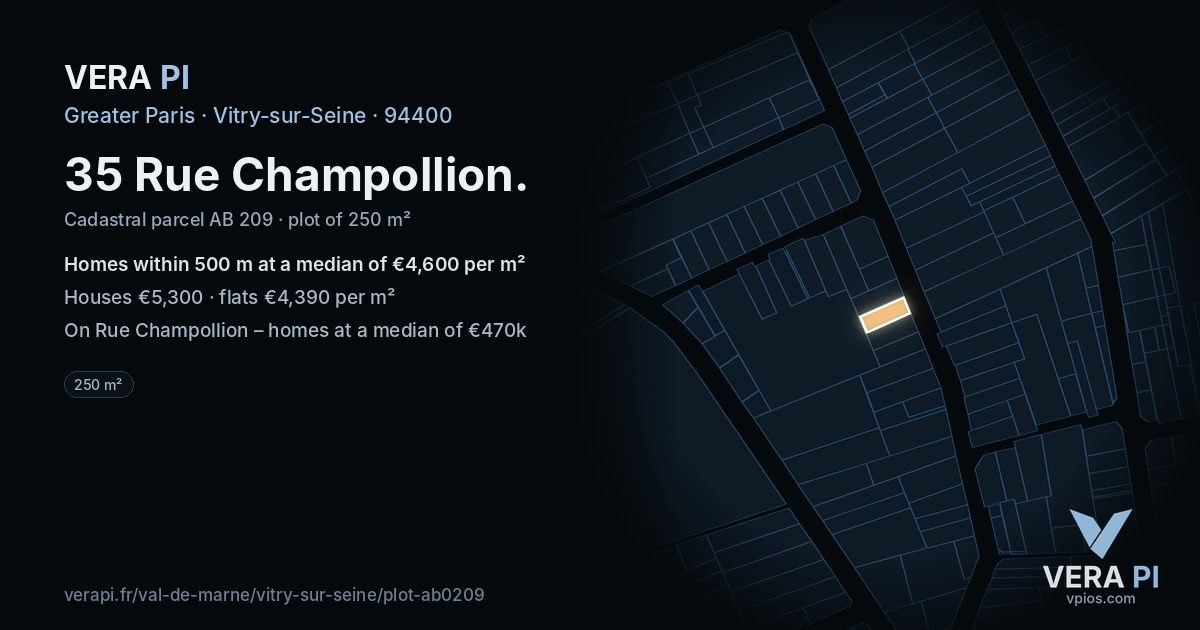 35 Rue Champollion, Vitry-sur-Seine at night – the plot lit, the parcels around coloured by the prices near them