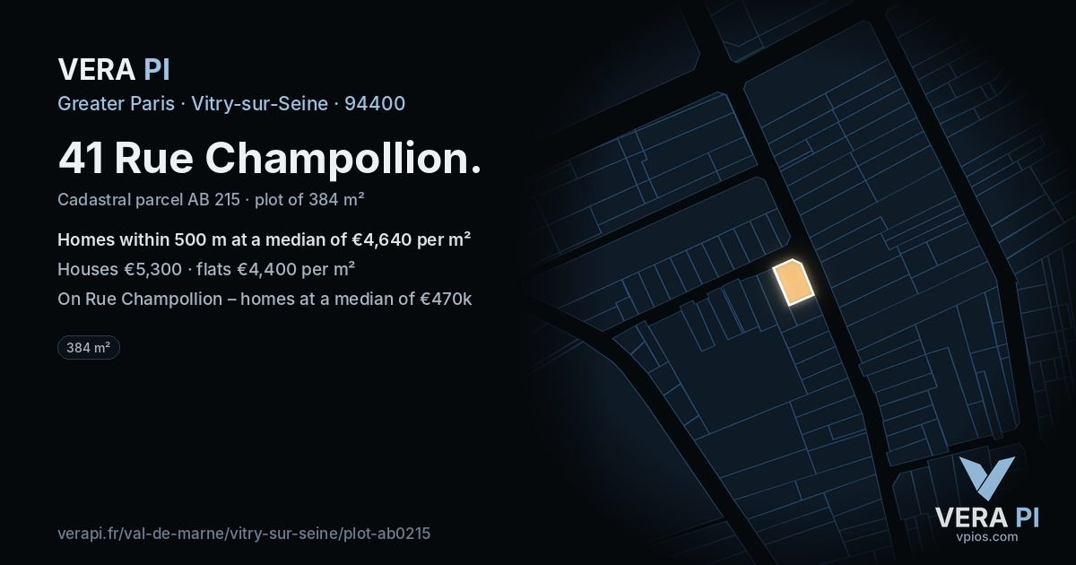 41 Rue Champollion, Vitry-sur-Seine at night – the plot lit, the parcels around coloured by the prices near them
