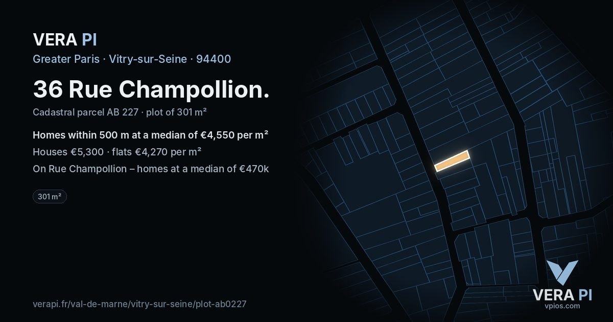 36 Rue Champollion, Vitry-sur-Seine at night – the plot lit, the parcels around coloured by the prices near them