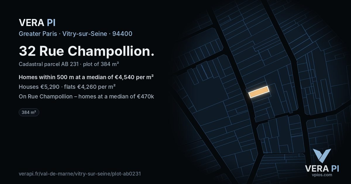 32 Rue Champollion, Vitry-sur-Seine at night – the plot lit, the parcels around coloured by the prices near them