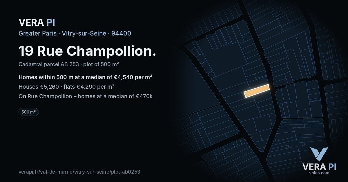 19 Rue Champollion, Vitry-sur-Seine at night – the plot lit, the parcels around coloured by the prices near them
