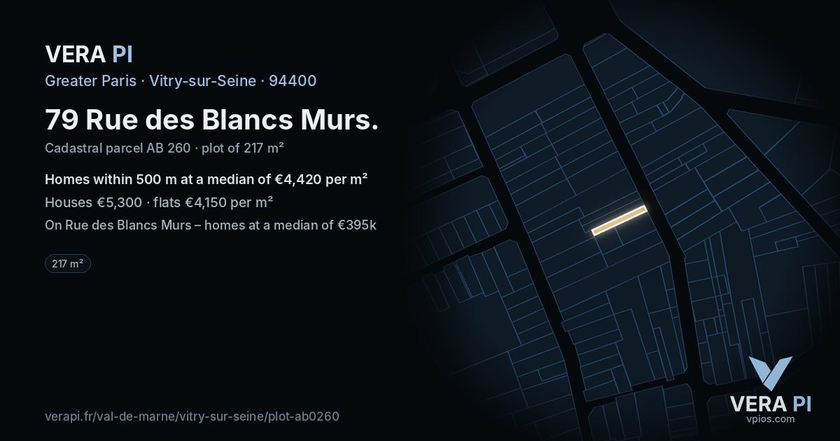 79 Rue des Blancs Murs, Vitry-sur-Seine at night – the plot lit, the parcels around coloured by the prices near them