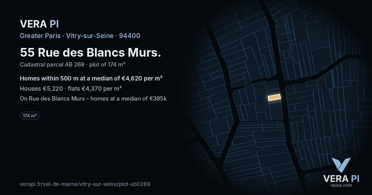 55 Rue des Blancs Murs, Vitry-sur-Seine at night – the plot lit, the parcels around coloured by the prices near them
