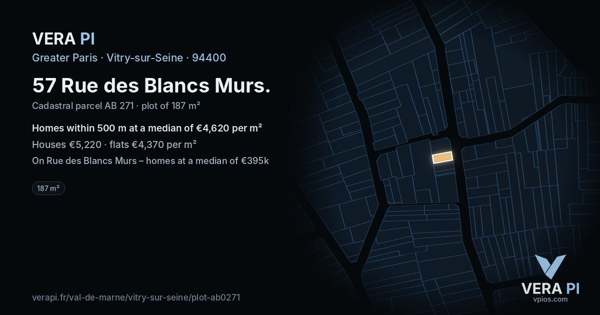 57 Rue des Blancs Murs, Vitry-sur-Seine at night – the plot lit, the parcels around coloured by the prices near them