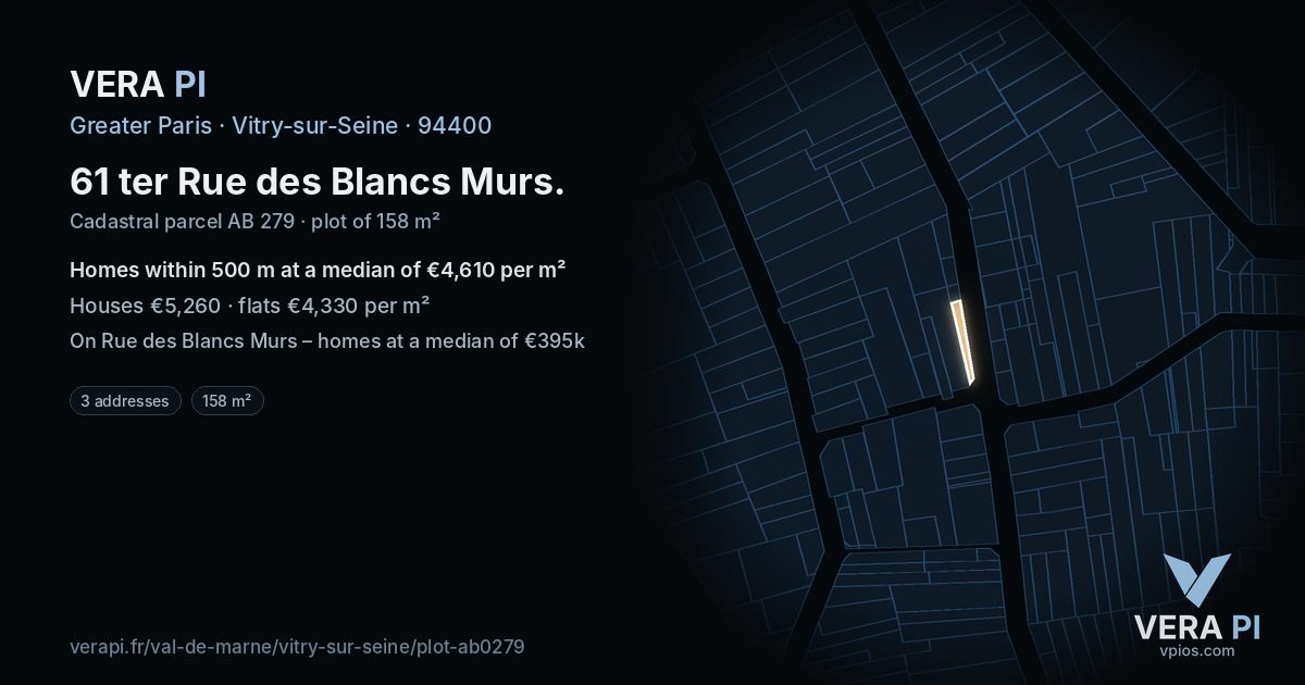 61 ter Rue des Blancs Murs, Vitry-sur-Seine at night – the plot lit, the parcels around coloured by the prices near them