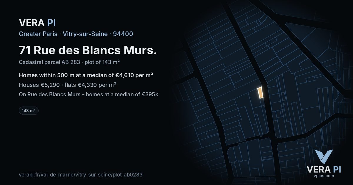 71 Rue des Blancs Murs, Vitry-sur-Seine at night – the plot lit, the parcels around coloured by the prices near them