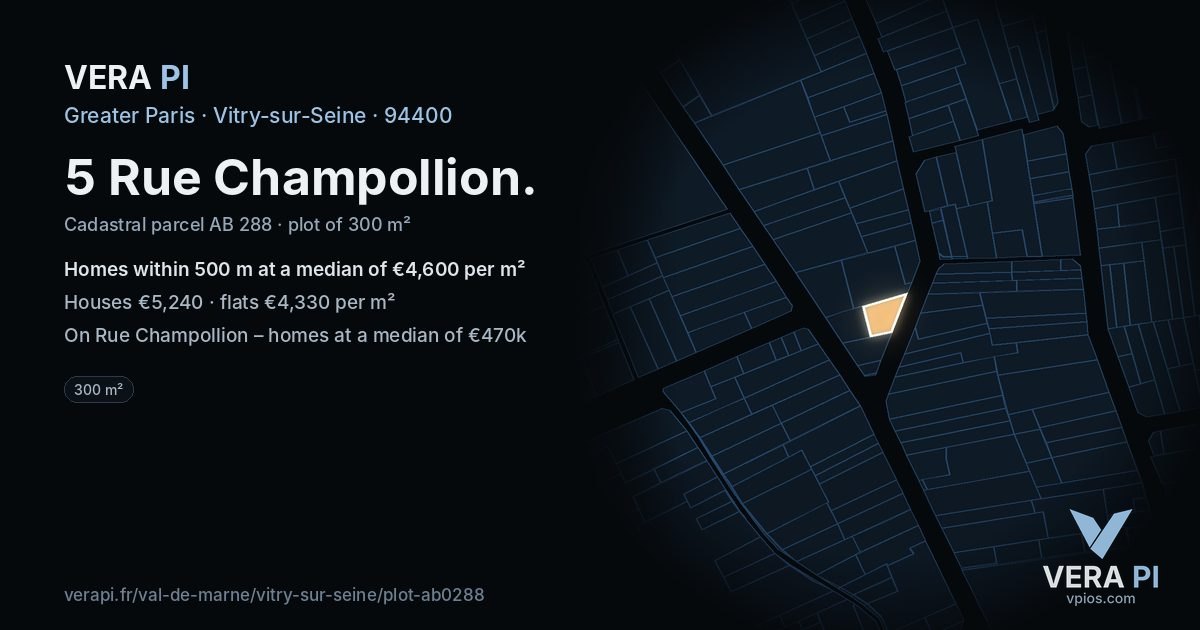 5 Rue Champollion, Vitry-sur-Seine at night – the plot lit, the parcels around coloured by the prices near them