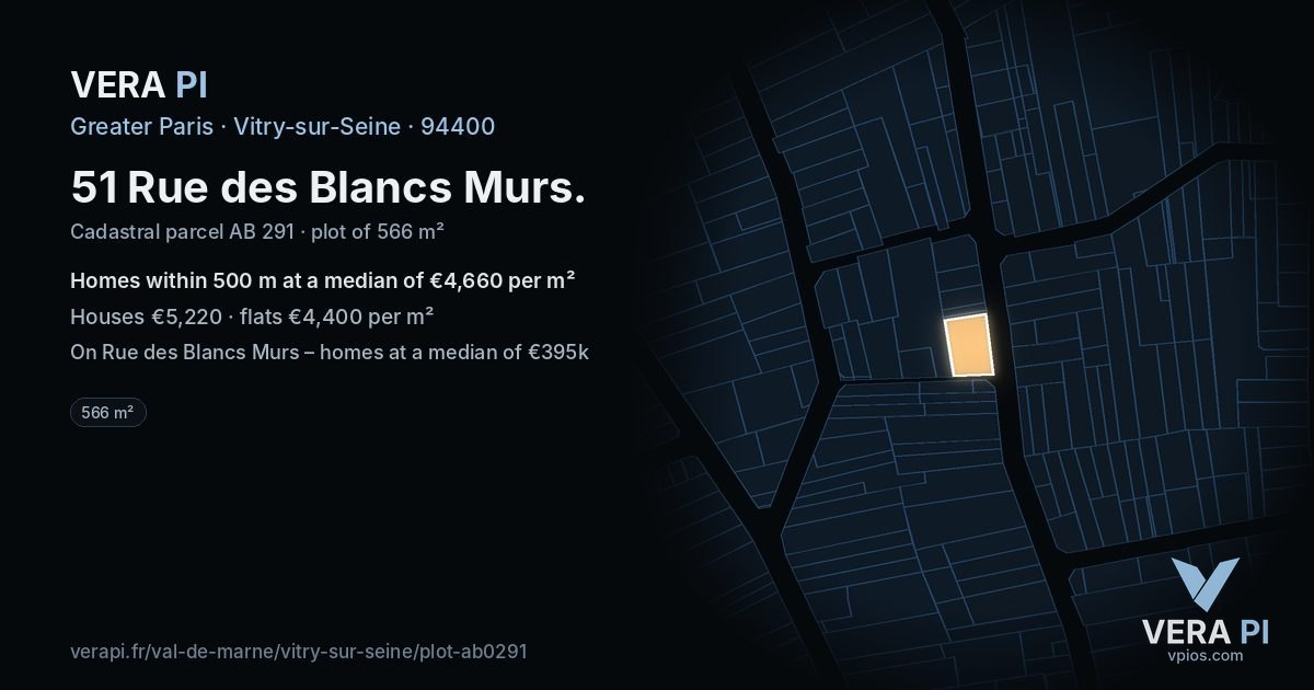 51 Rue des Blancs Murs, Vitry-sur-Seine at night – the plot lit, the parcels around coloured by the prices near them