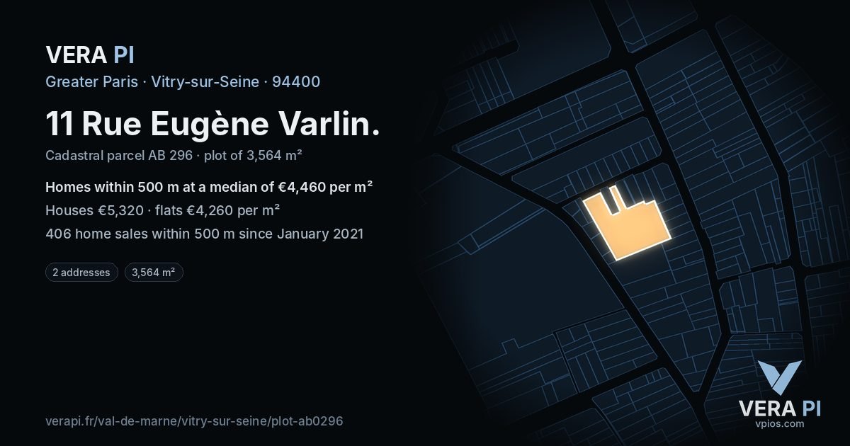 11 Rue Eugène Varlin, Vitry-sur-Seine at night – the plot lit, the parcels around coloured by the prices near them