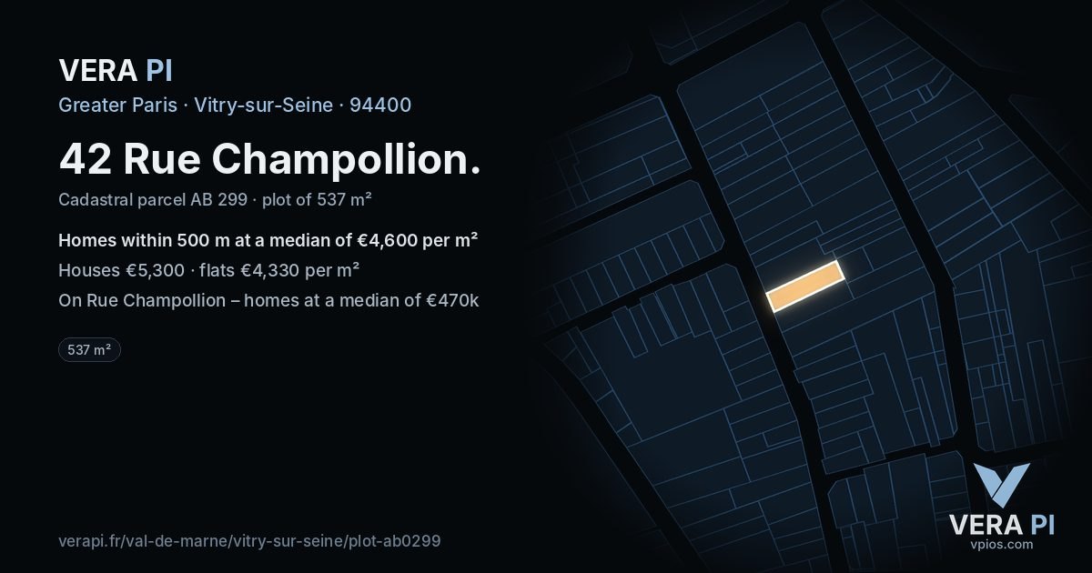 42 Rue Champollion, Vitry-sur-Seine at night – the plot lit, the parcels around coloured by the prices near them