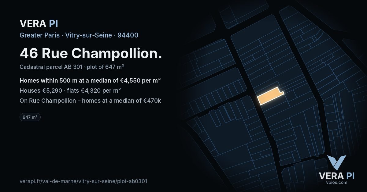 46 Rue Champollion, Vitry-sur-Seine at night – the plot lit, the parcels around coloured by the prices near them