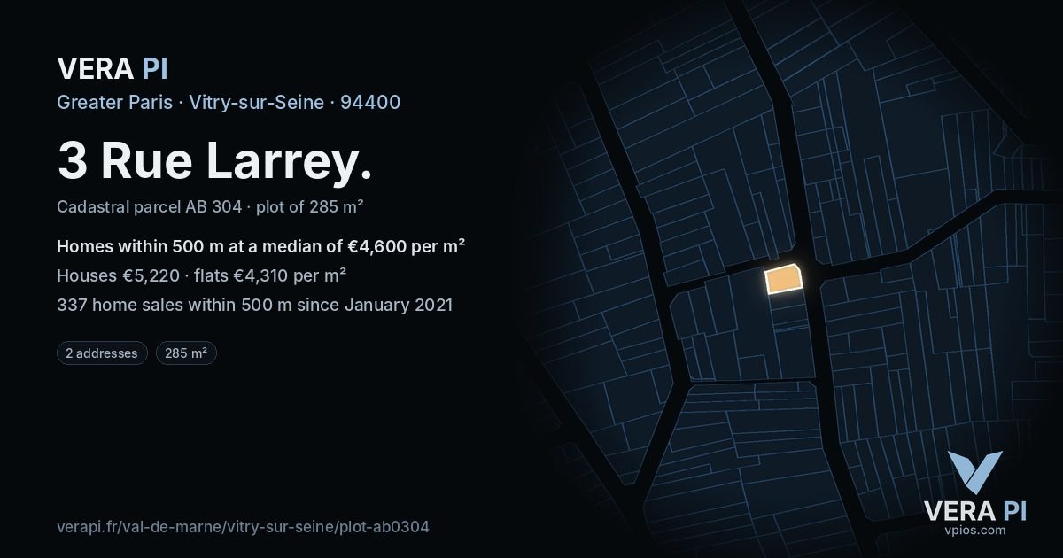3 Rue Larrey, Vitry-sur-Seine at night – the plot lit, the parcels around coloured by the prices near them