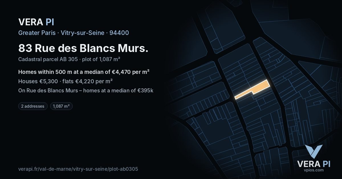 83 Rue des Blancs Murs, Vitry-sur-Seine at night – the plot lit, the parcels around coloured by the prices near them